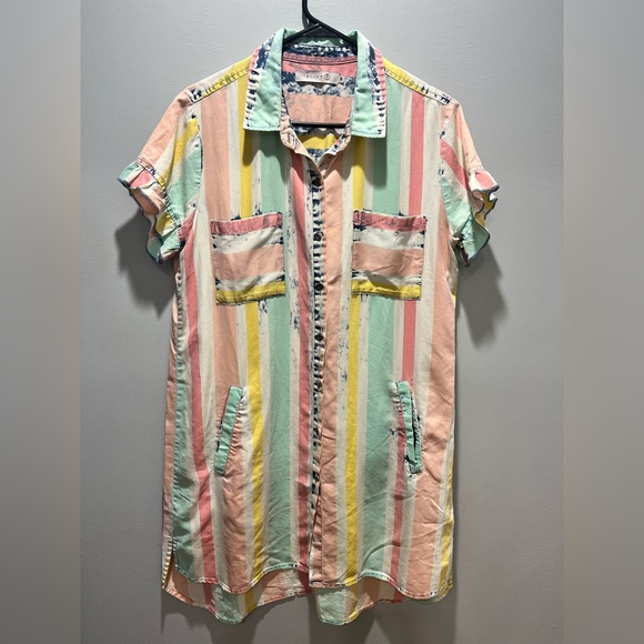 Billy T Other - Women's Medium Billy T Boho Pastel Striped‎ High-Low Tunic Dress Ruffle Slevees